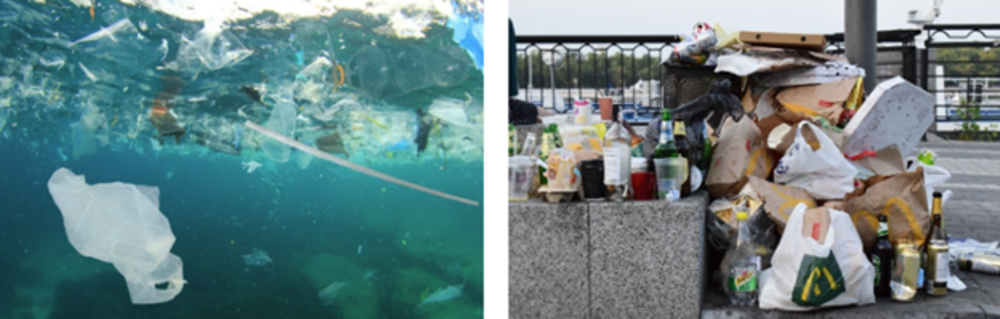 Plastic in Ocean and Overflowing Garbage Can